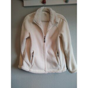 Women's Winter White Fleece Jacket L by Green Tea Full Zip Front Faux Fur Collar